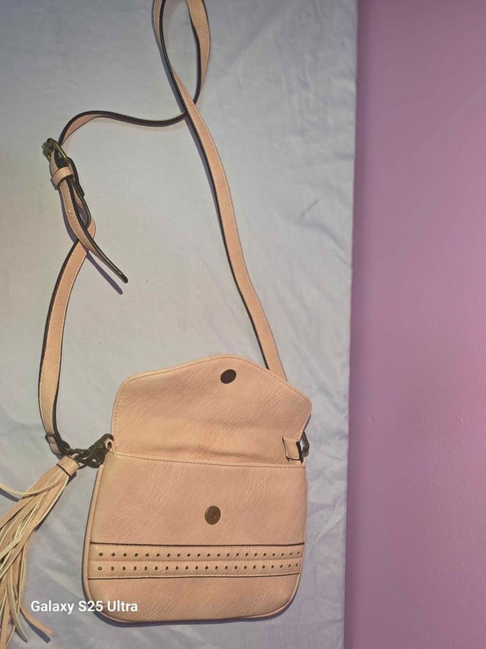 Ampere Blush Pink Tassel Crossbody Bag with Studded Detail